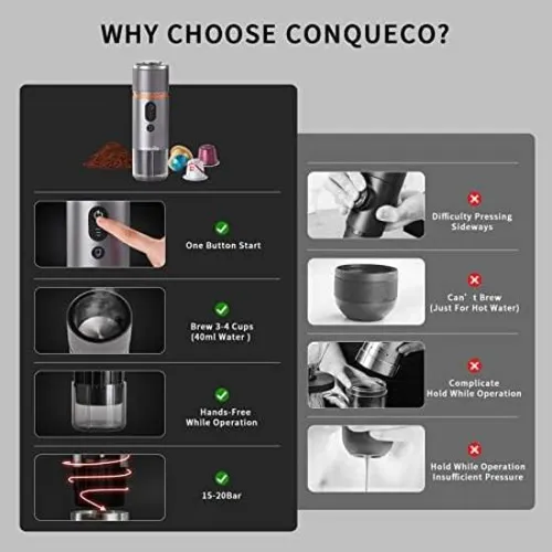 Conqueco Cafetera Portátil De Viaje - Cafetera Espresso Para
