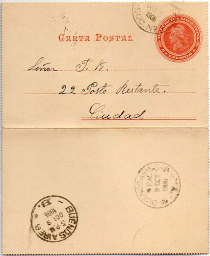 Argentina 1906. Entero Carta Postal 5c Libertad, Circulada.