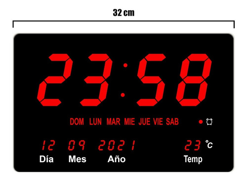 Reloj De Pared De Led Calendario Termometro 32x23cm