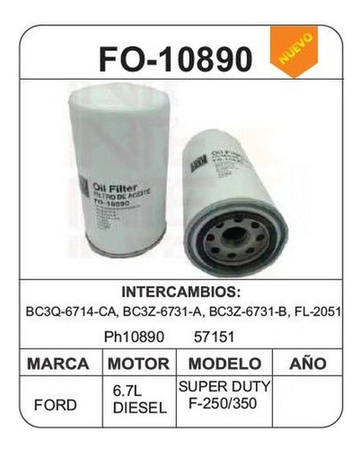 Filtro De Aceite Unifl Ford F750 8cil 6.7lts 2016-2022