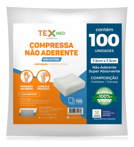 Compressa Não Aderente Texmed Premium 7,5x7,5cm 100 Unidades