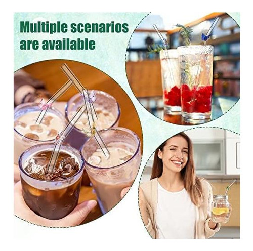 8 Pcs Pajitas De Vidrio Reutilizables Con Flores Mariposa 2