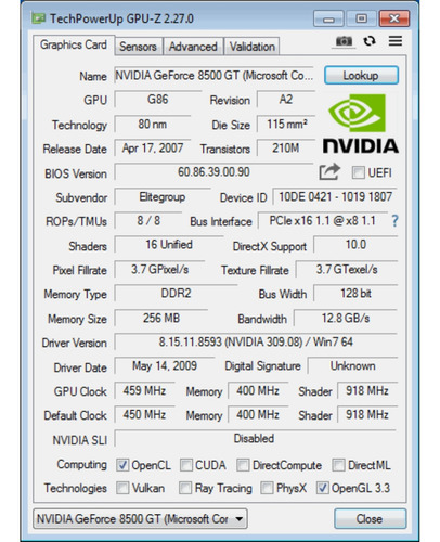 Placa De Vídeo Geforce 8500gt 256mb Ddr2 128bits Pci-e (Usado)