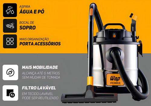 Aspirador De Pó E Água Wap Gtw Inox 20 1600w Com Bico Extrator 127v