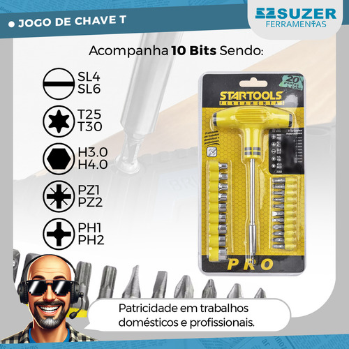 Jogo Chave T Com Soquete Bits Fenda Torx Philips 20 Peças