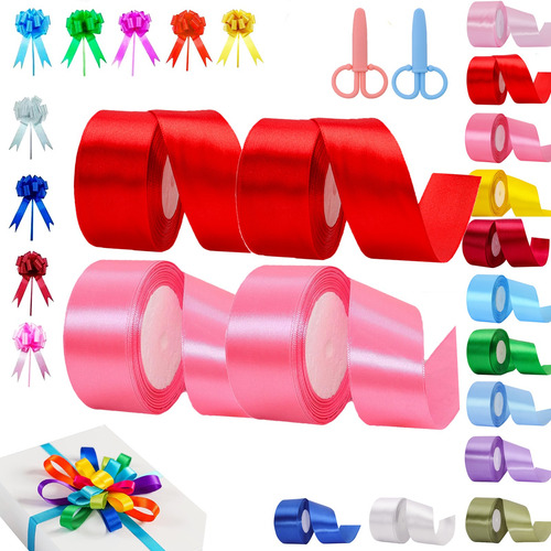 4 Rollos Listón Satinado Popotillo 3.8cm*92m Con Tijeras