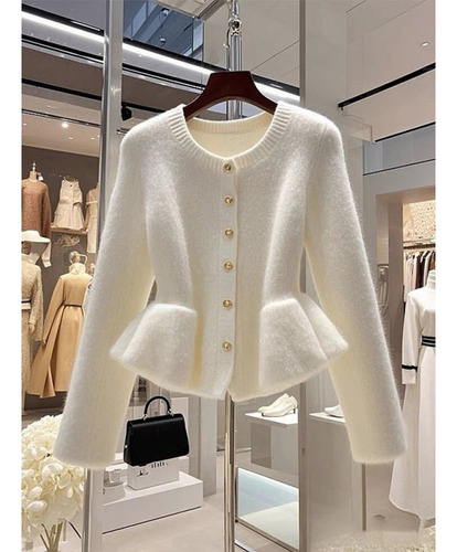 Elegante Cárdigan De Punto Con Ribete De Encaje Para Mujer,