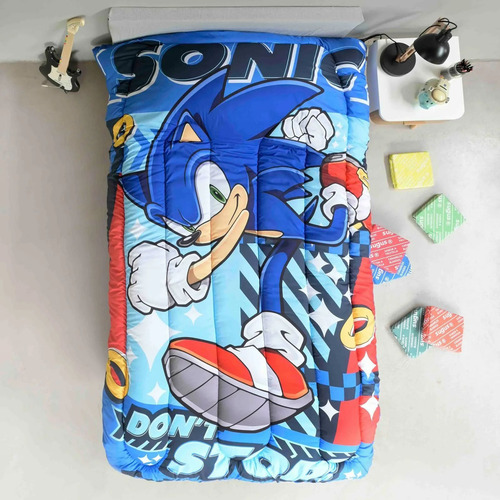 Kit Acolchado + Juego De Sabanas Piñata 1 1/2 Plaza Azul Sonic