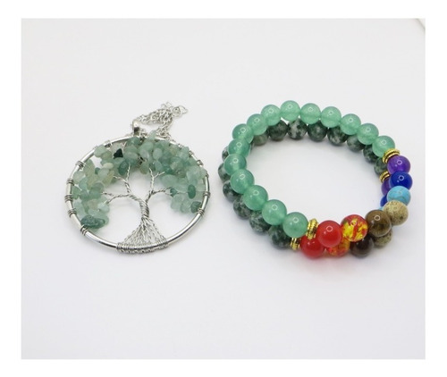 Imagen 4 de 4 de Collar Árbol De La Vida Verde Más Set Pulseras 7chakras
