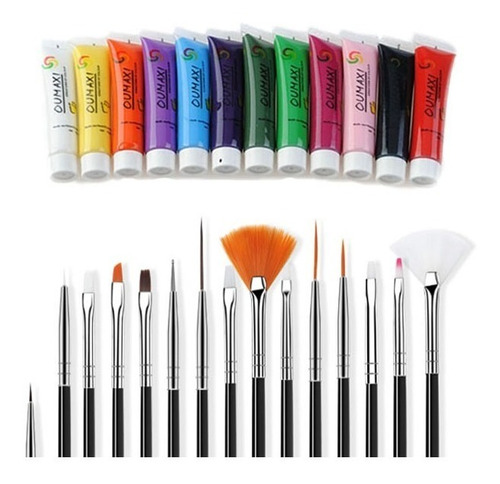 Kit: 15 Pinceles Para Diseño + 12 Pinturas Acrílicas