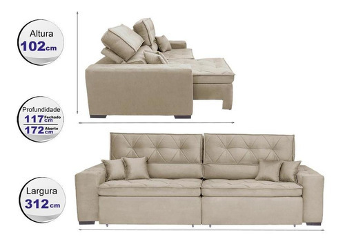 Sofá Retrátil e Reclinável 3,12m com Molas Cama inBox Estilo Suede Velusoft Bege