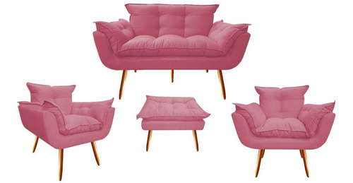 Namoradeira + 2 Poltronas + Puf Opala Suede Rosa Sala