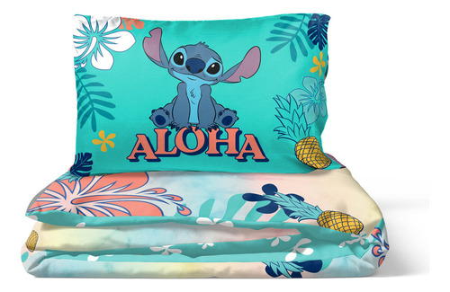 Edredon Lilo Y Stitch 2 Pz Para Individual O Matrimonial *sk Color Azul Claro