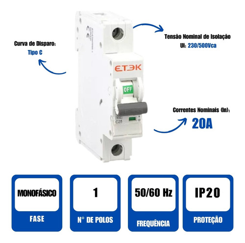 Disjuntor Mcb 3ka 1 Polo 20a Curva C Etek