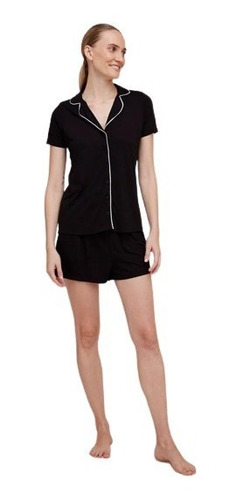 Pijama Feminino Camisa Com Botões E Shorts Hering - Preto