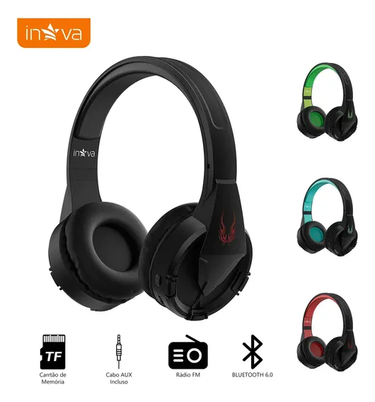 Fone de Ouvido Inova Cases Over-ear Bluetooth com Microfone, Rádio FM e MP3 Entrada AUX, Slot TF até 32GB, Reprodução Sem Fio e Com Fio para Casa Exercícios Ao Ar Livre Preto