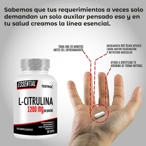 L-citrulina 1200 Mg | Testrol Essential | 60 Capsulas Sabor Sin sabor
