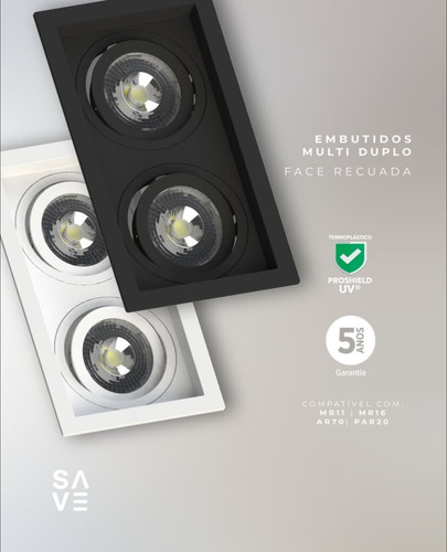 Kit 5 Par20 Duplo Spot Preto Luminária Led Recuado Save