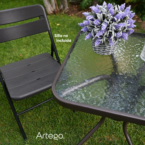 Mesa Cuadrangular De Vidrio Estructura De Acero Café Oscuro Mesa Compacta Para Terraza Jardín Balcón De 60cm