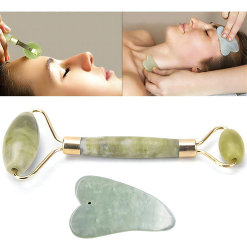 Rolo Anti Ruga Pedra De Jade + Placa Gua Sha Massagem Facial Cor Verde