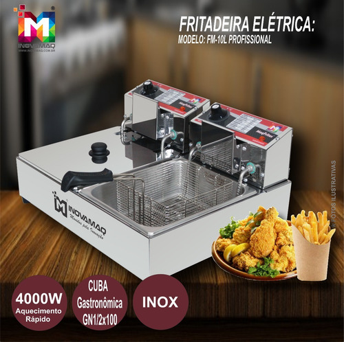 Imagem 3 de 7 de Fritadeira Elétrica Profissional 2 Cubas - Fm-10l - 220v