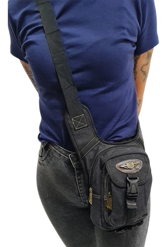 Bag De Perna Em Lona Tiracolo Pochete Multiuso Resistente Cor Preto Desenho Do Tecido Lisa
