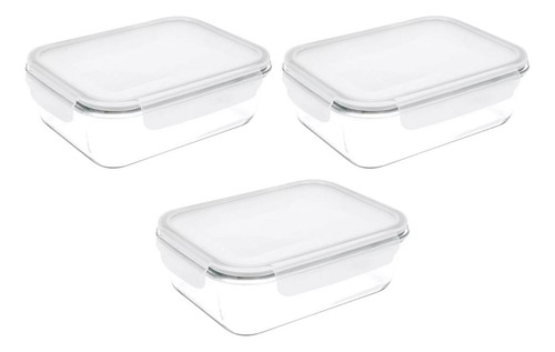 3 Potes De Vidro C/ Tampa Vedação Resistente Marmita 640ml