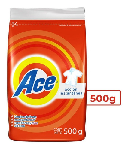 Detergente Jabon Ropa En Polvo Ace Regular 500 Grs Bco Y Col