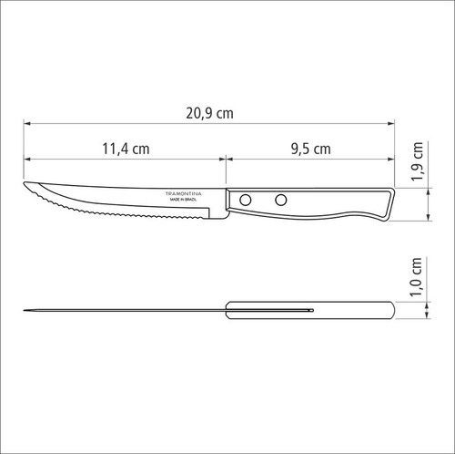 Juego de Cuchillos para Asado y Frutas Tramontina Tradicional con Láminas de Acero Inoxidable y Mangos de Madera Natural 03 Piezas