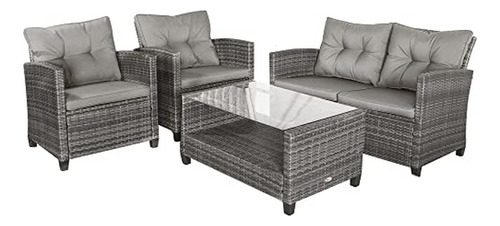 Juego Muebles Exterior Rattan Gris Con Cojines, 4 Piezas