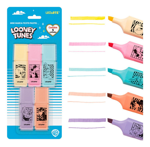 Caneta Marca-texto 5 Cores Pastel Looney Tunes Seca Rapido