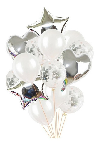 Set Globos Estrellas Corazones Y Latex Plateado X14 Unidades