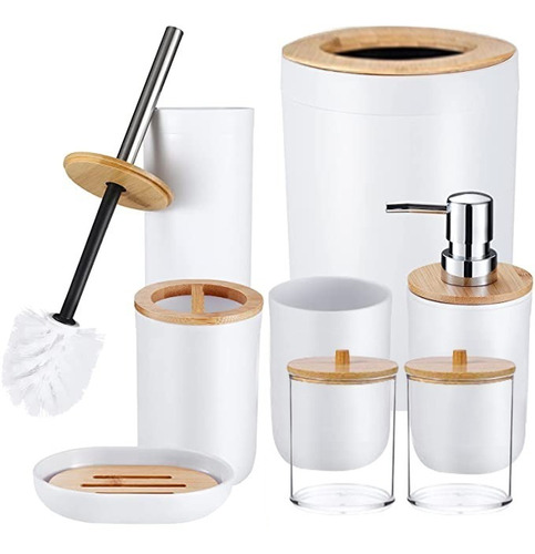 Juego De Accesorios De Baño De Madera De Bambú Blanco, 8 Pzs