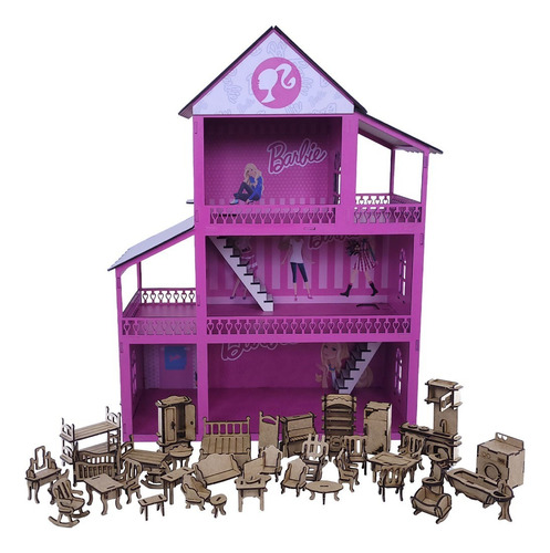 Casinha de boneca Barbie Mdf pintada adesivada + 43 móveis cor rosa