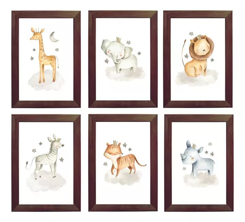 6 Quadros Decoração Quarto Bebe Safari Menino Com Moldura