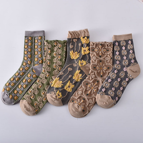 5 Pares De Calcetines Con Textura Floral En 3d, Estilo Retro