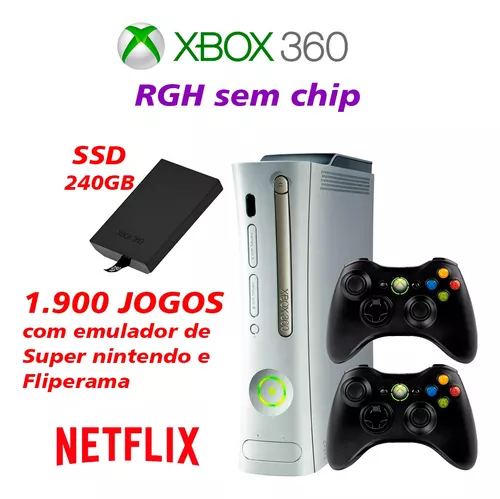 Xbox 360 Arcade Rgh E Lt 3.0 Ssd 240gb + 2 Controles Com 35 Jogos Na  Memoria