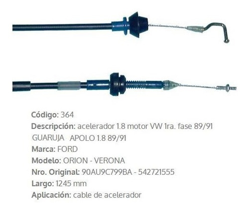 Cable De Acelerador Ford Escort/verona 1.8 Hasta 1993 1245mm