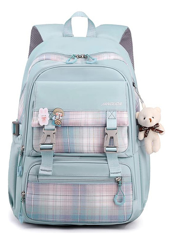 Mochila Estetica Preppy Cuadro Gran Capacidad Para Niña Azul