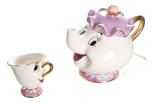 Tetera Y Taza De Cerámica Bañada En Oro Mrs. Potts