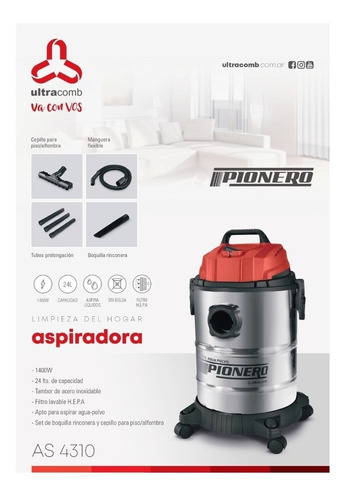 Imagen 2 de 9 de Aspiradora De Tacho Ultracomb As-4310 24l Roja Y Negra 220v