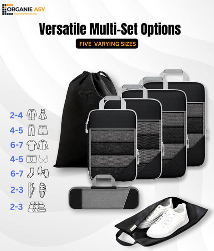 Juego De 7 Cubos De Compresión Organizer Para Viajes Negro
