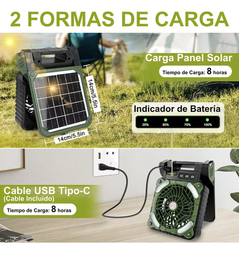 Ventilador Solar Portátil Con Luz Led Batería Recargable Usb Cantidad De Aspas 3 Estructura Verde Oscuro Aspas Negro Diámetro 14 Cm Frecuencia 4 Material De Las Aspas Plástico