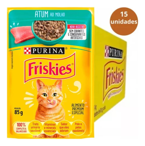 Purina Friskies Alimento Úmido gatos adultos sachê 85g caixa 15 unidades atum