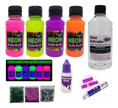 Kit Slime Com Colas Neon Flosforecentes + Lanterna Luz Negra