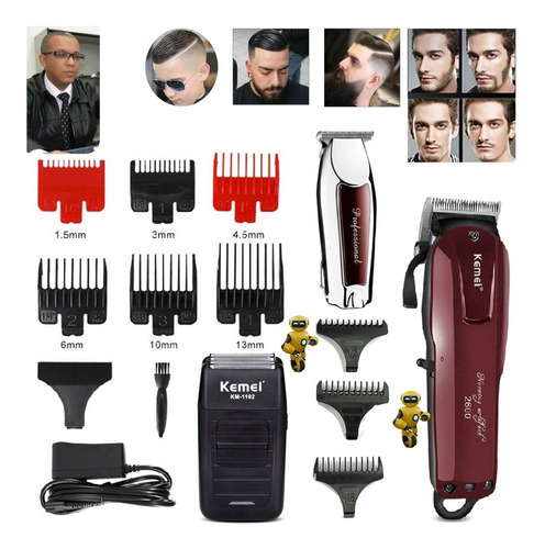 Imagem 1 de 7 de Kit Com 3 Maquinas Cortar Cabelo Barbear Profissional Kemei 