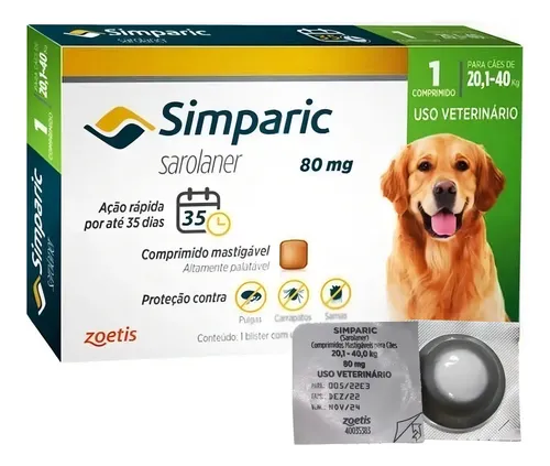 Zoetis Simparic 80mg Antipulgas Carrapatos Cães 20-40kg 1 Comprim...