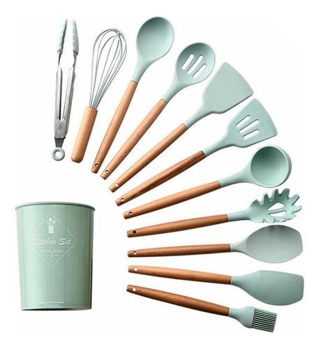 Utensílios Cozinha Silicone Madeira 12 Peças Até 230º Verde