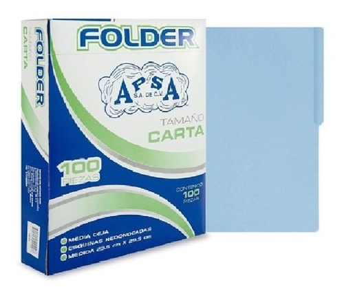 Folder Tamaño Carta Color Azul Marca Apsa Caja Con 100