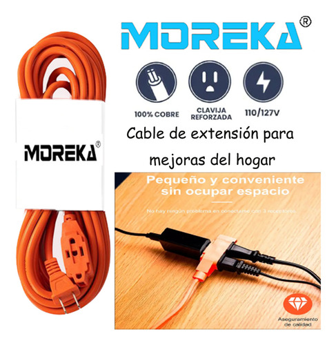 Moreka® 10 Metros Extensión Eléctrica Uso Rudo Multicontacto, 3 Tomas De Corriente, Cable De Cobre Cal.16 Awg, Duradero Y Flexible, Para Césped, Jardín Y Hogar, Color Naranja